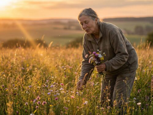 Seniorin pflückt Blumen