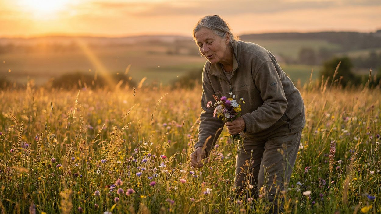 Seniorin pflückt Blumen